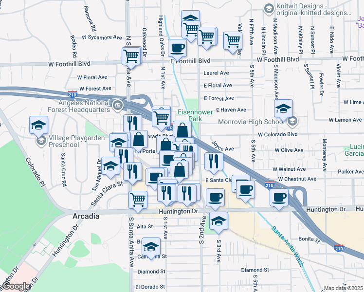 map of restaurants, bars, coffee shops, grocery stores, and more near 118 La Porte Street in Arcadia