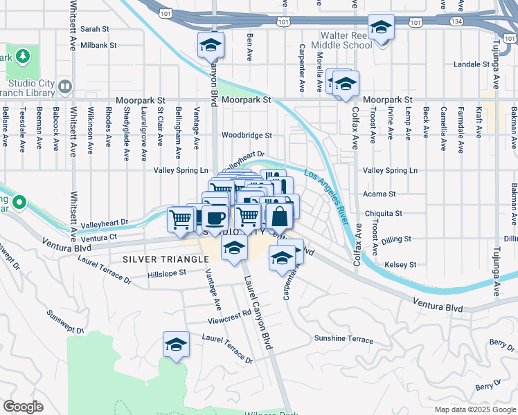 map of restaurants, bars, coffee shops, grocery stores, and more near 12015 Ventura Boulevard in Los Angeles