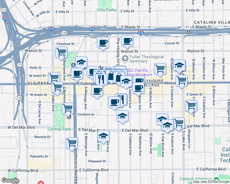 map of restaurants, bars, coffee shops, grocery stores, and more near in Pasadena
