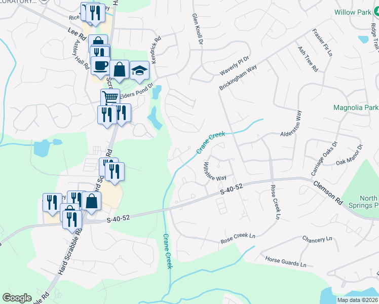 map of restaurants, bars, coffee shops, grocery stores, and more near 105 Old Park Drive in Columbia