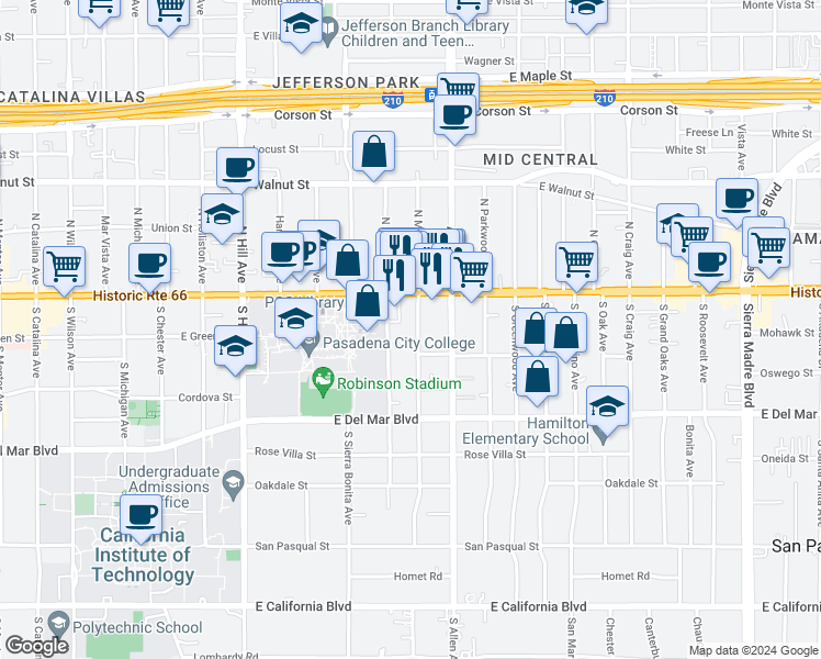 map of restaurants, bars, coffee shops, grocery stores, and more near 80 South Meridith Avenue in Pasadena