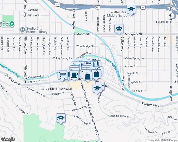 map of restaurants, bars, coffee shops, grocery stores, and more near 12026 Hoffman Street in Los Angeles