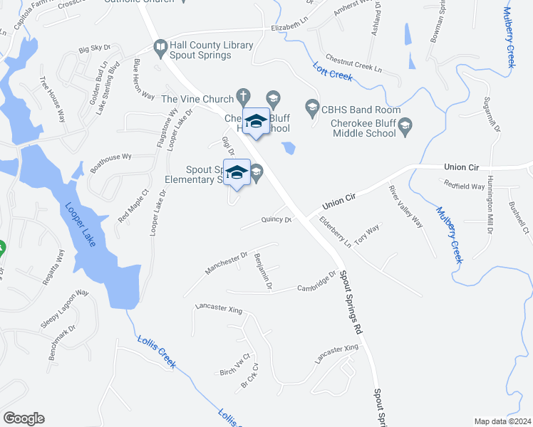 map of restaurants, bars, coffee shops, grocery stores, and more near 6620 Quincy Drive in Flowery Branch