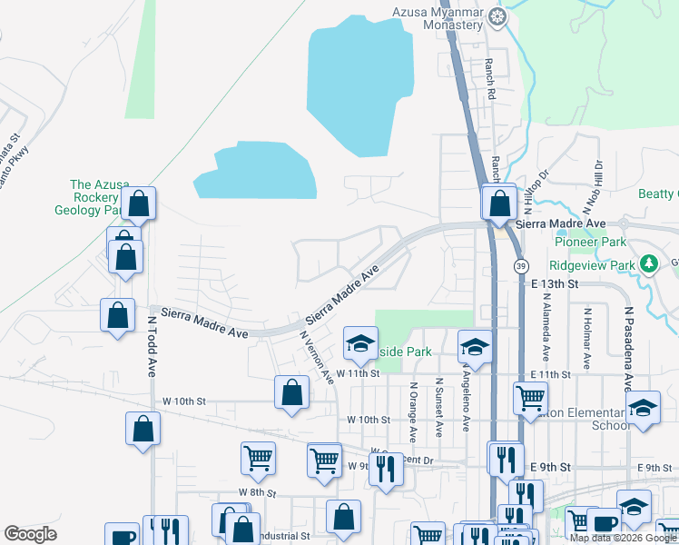 map of restaurants, bars, coffee shops, grocery stores, and more near 724 West Lori Ann Avenue in Azusa