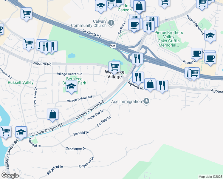 map of restaurants, bars, coffee shops, grocery stores, and more near 31563 Lindero Canyon Road in Westlake Village
