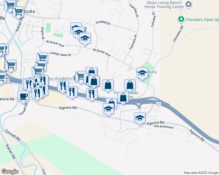map of restaurants, bars, coffee shops, grocery stores, and more near 5261 Lewis Road in Agoura Hills