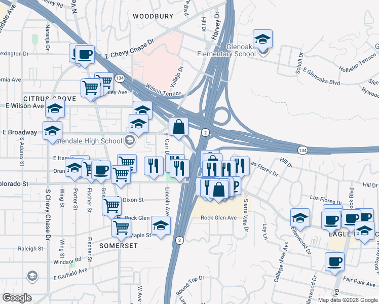 map of restaurants, bars, coffee shops, grocery stores, and more near Glendale Fwy in Los Angeles