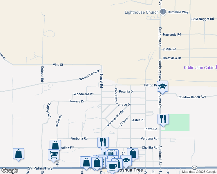 map of restaurants, bars, coffee shops, grocery stores, and more near 61751 Hilltop Drive in Joshua Tree