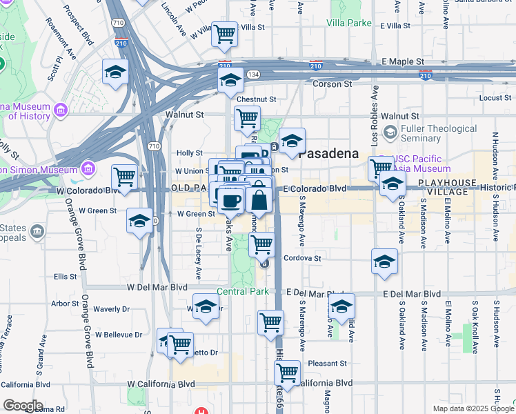 map of restaurants, bars, coffee shops, grocery stores, and more near 48 South Raymond Avenue in Pasadena