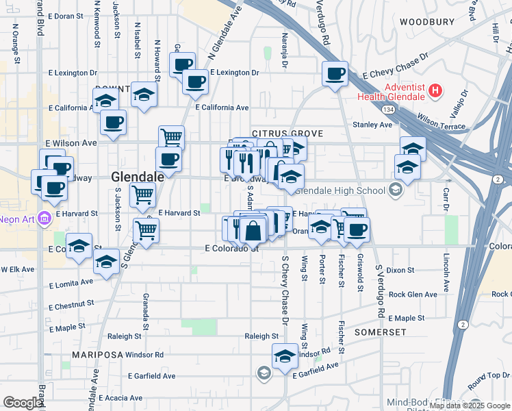 map of restaurants, bars, coffee shops, grocery stores, and more near 138 South Adams Street in Glendale