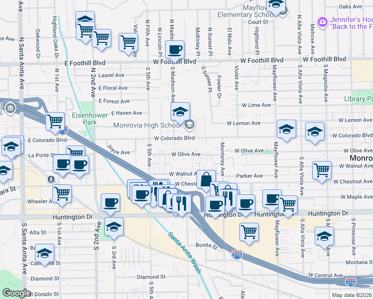 map of restaurants, bars, coffee shops, grocery stores, and more near 845 West Olive Avenue in Monrovia