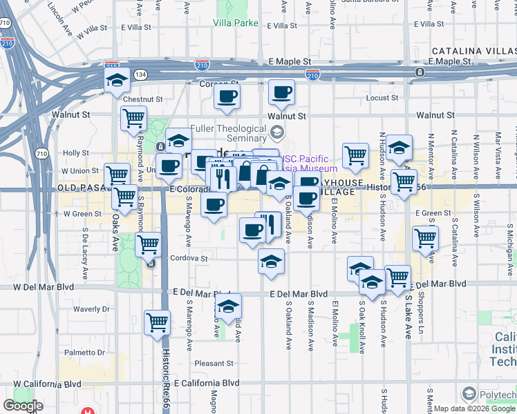 map of restaurants, bars, coffee shops, grocery stores, and more near 39 South Los Robles Avenue in Pasadena