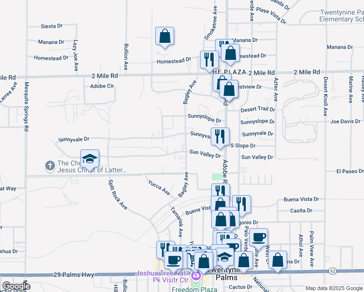 map of restaurants, bars, coffee shops, grocery stores, and more near 73538 Sun Valley Drive in Twentynine Palms
