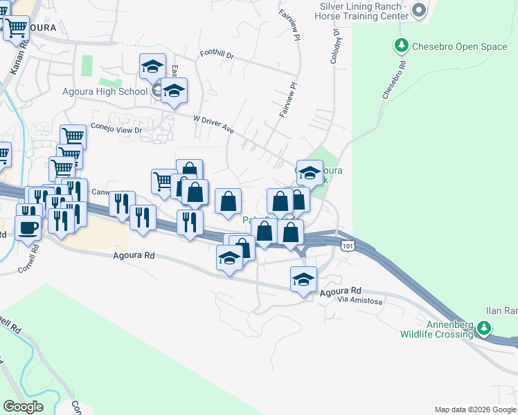 map of restaurants, bars, coffee shops, grocery stores, and more near 5249 Colodny Drive in Agoura Hills