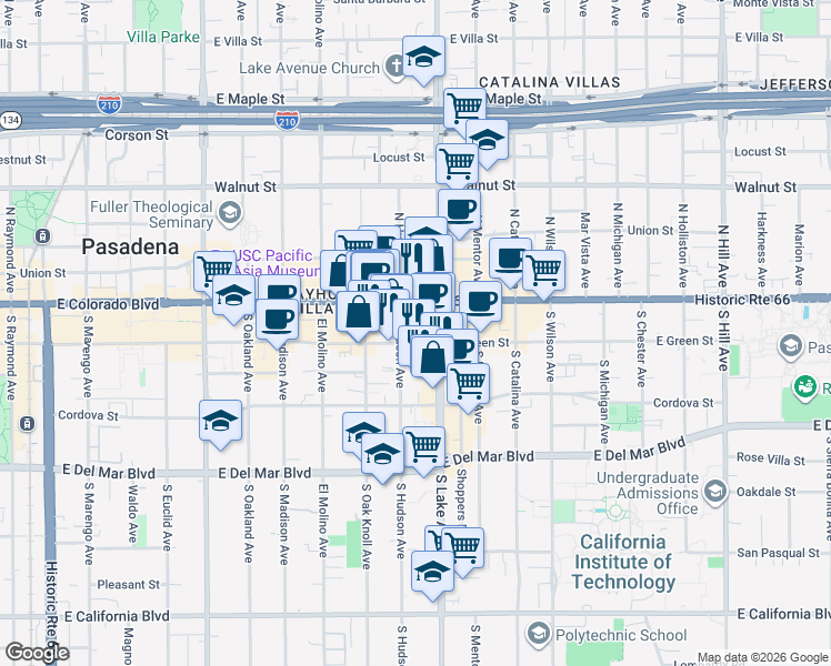 map of restaurants, bars, coffee shops, grocery stores, and more near 55 South Lake Avenue in Pasadena