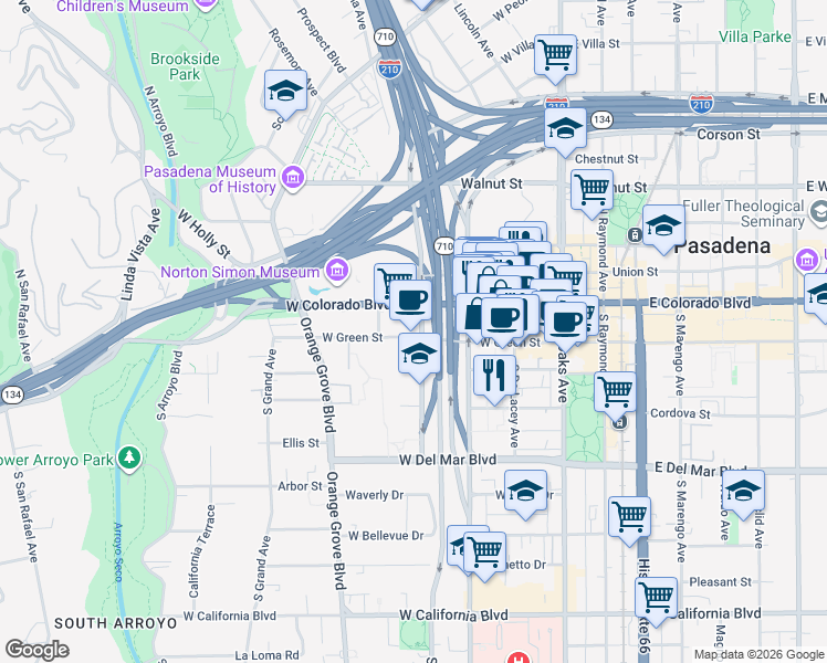 map of restaurants, bars, coffee shops, grocery stores, and more near 277 West Green Street in Pasadena