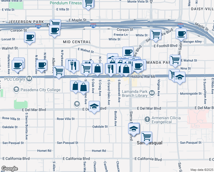 map of restaurants, bars, coffee shops, grocery stores, and more near 57 South Grand Oaks Avenue in Pasadena