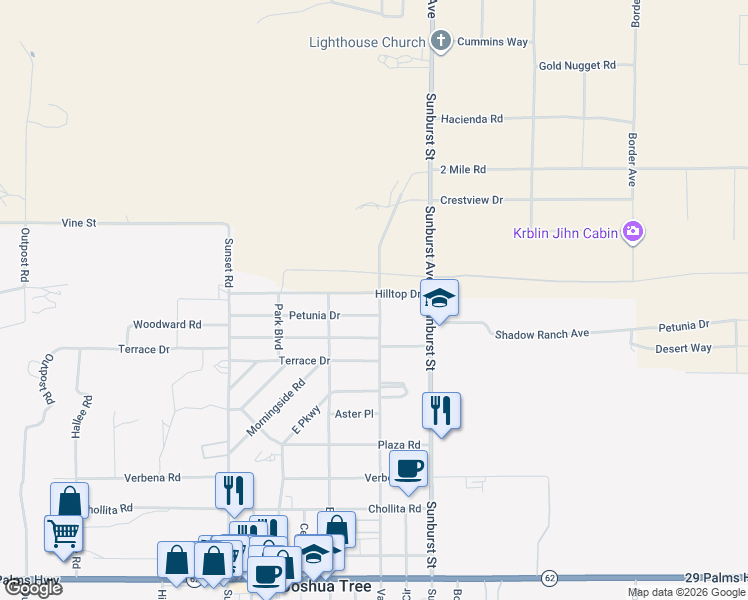 map of restaurants, bars, coffee shops, grocery stores, and more near 61968 Petunia Drive in Joshua Tree
