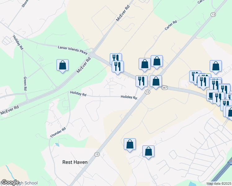 map of restaurants, bars, coffee shops, grocery stores, and more near 119 Holiday Road in Buford