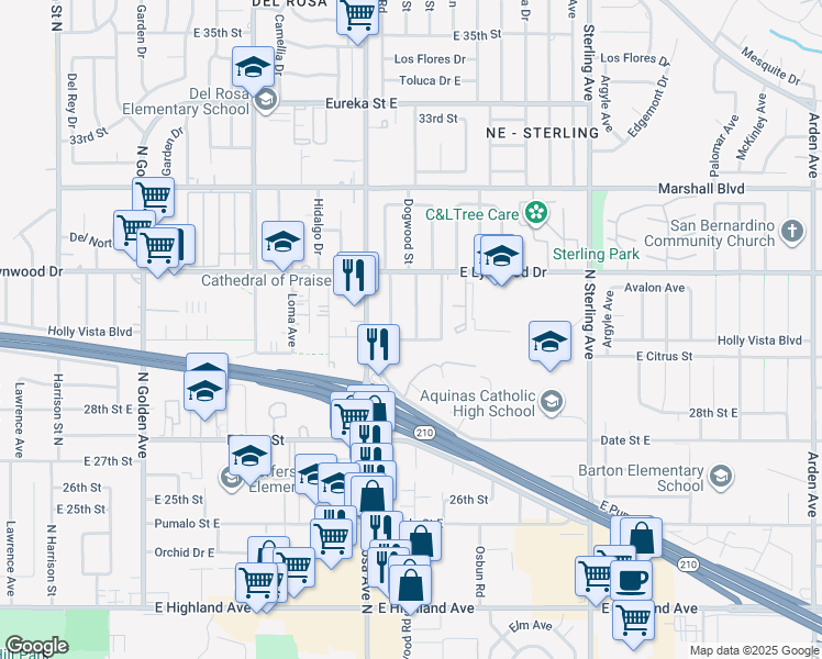 map of restaurants, bars, coffee shops, grocery stores, and more near 6004 Dogwood Street in San Bernardino