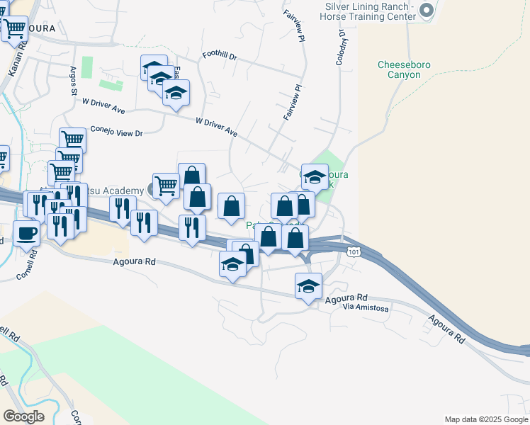 map of restaurants, bars, coffee shops, grocery stores, and more near 5241 Colodny Drive in Agoura Hills