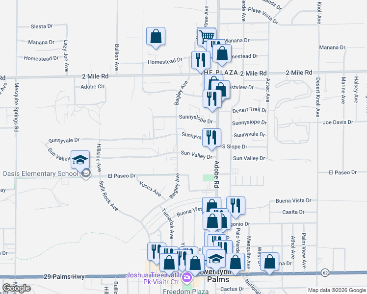 map of restaurants, bars, coffee shops, grocery stores, and more near 73562 Sun Valley Drive in Twentynine Palms
