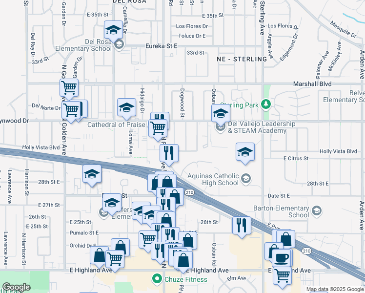 map of restaurants, bars, coffee shops, grocery stores, and more near 6004 Dogwood Street in San Bernardino