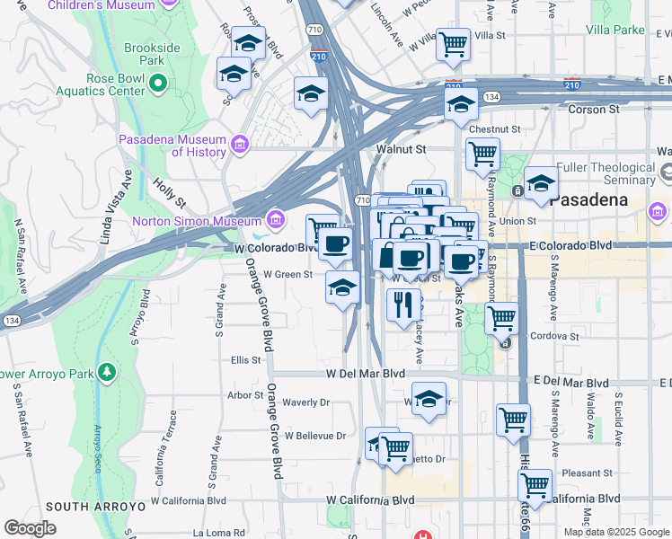 map of restaurants, bars, coffee shops, grocery stores, and more near 330 West Green Street in Pasadena
