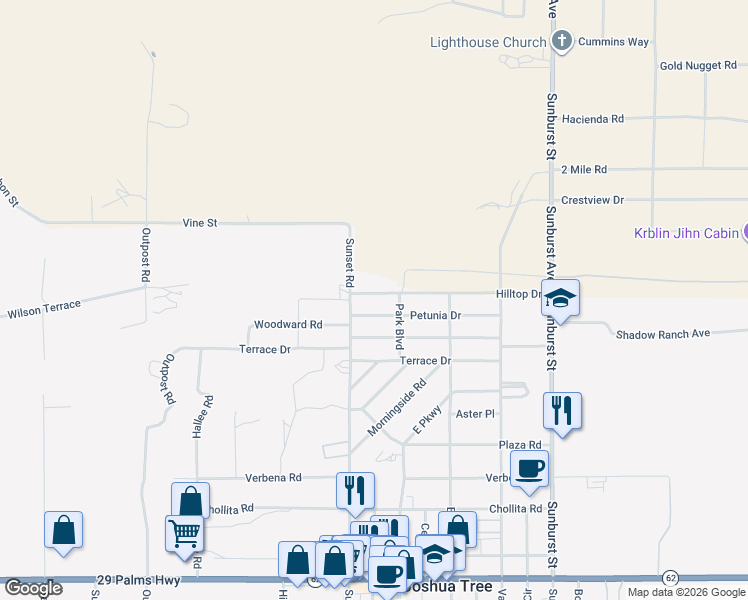map of restaurants, bars, coffee shops, grocery stores, and more near 61751 Hilltop Drive in Joshua Tree