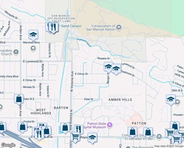map of restaurants, bars, coffee shops, grocery stores, and more near 1446 East Citrus Street in Highland