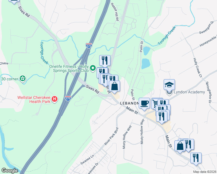 map of restaurants, bars, coffee shops, grocery stores, and more near 4799 Holly Springs Parkway in Holly Springs