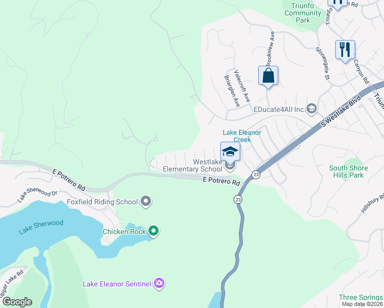 map of restaurants, bars, coffee shops, grocery stores, and more near 1623 Elmsford Place in Westlake Village