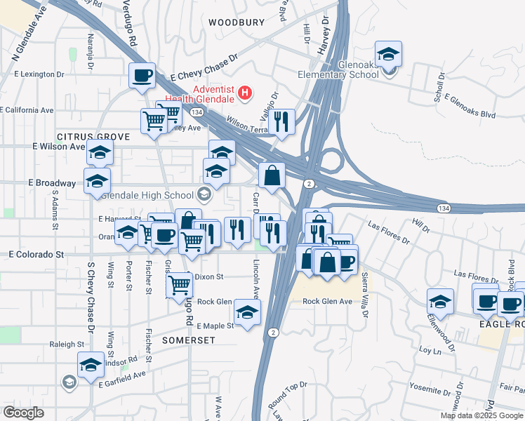 map of restaurants, bars, coffee shops, grocery stores, and more near 132 Carr Drive in Glendale