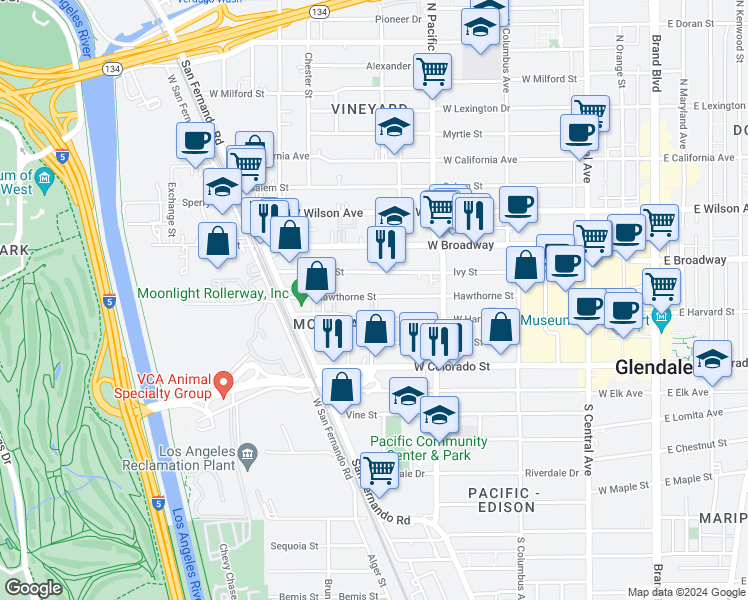 map of restaurants, bars, coffee shops, grocery stores, and more near 608 Hawthorne Street in Glendale