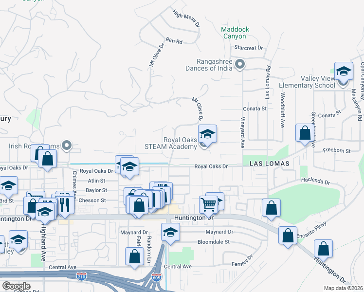 map of restaurants, bars, coffee shops, grocery stores, and more near 2321 Freeborn Street in Duarte