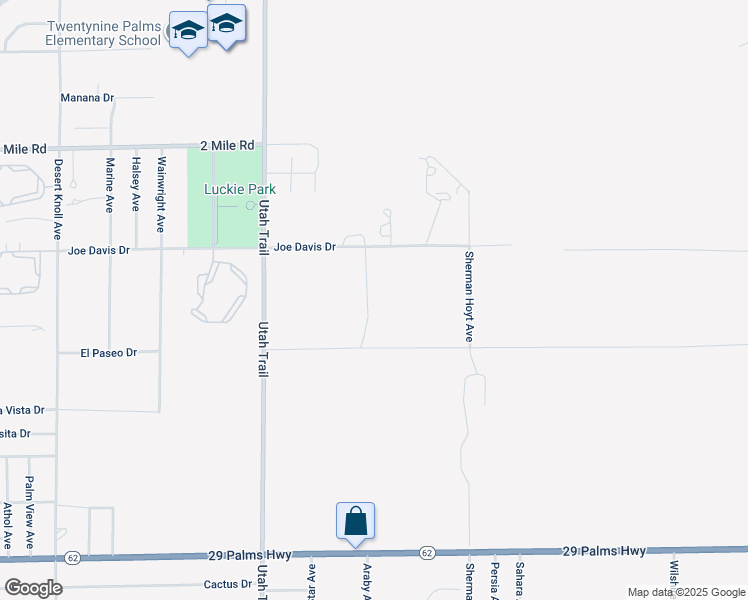 map of restaurants, bars, coffee shops, grocery stores, and more near O Joe Davis Drive in Twentynine Palms