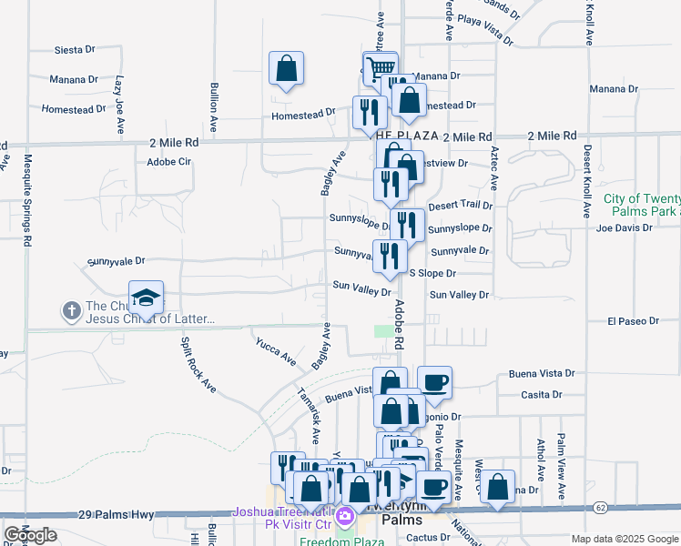map of restaurants, bars, coffee shops, grocery stores, and more near 73602 Sun Valley Drive in Twentynine Palms