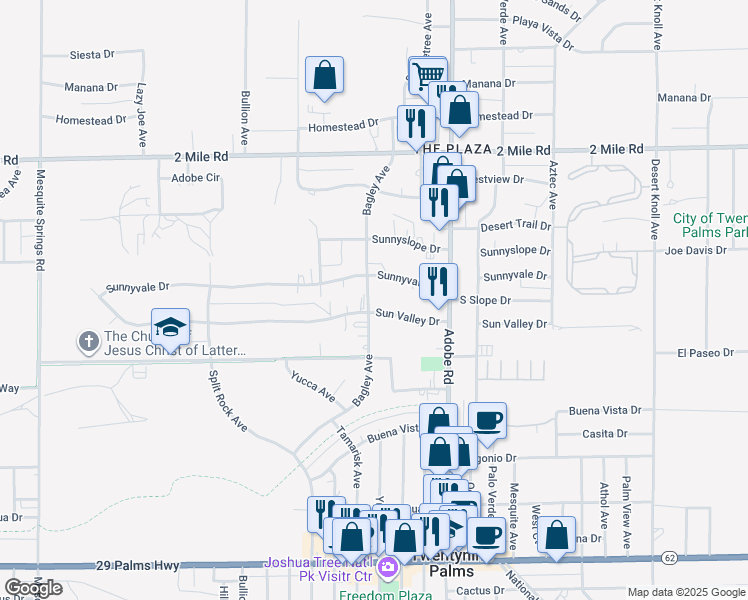 map of restaurants, bars, coffee shops, grocery stores, and more near 73538 Sun Valley Drive in Twentynine Palms