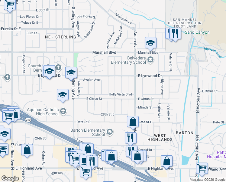 map of restaurants, bars, coffee shops, grocery stores, and more near 25945 Holly Vista Boulevard in San Bernardino