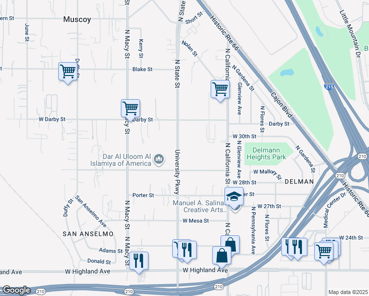 map of restaurants, bars, coffee shops, grocery stores, and more near 2655 North State Street in Muscoy