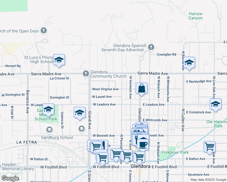 map of restaurants, bars, coffee shops, grocery stores, and more near 313 West Laurel Avenue in Glendora