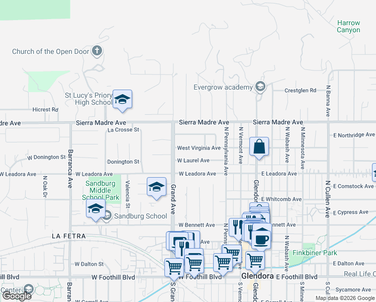map of restaurants, bars, coffee shops, grocery stores, and more near 439 West Laurel Avenue in Glendora