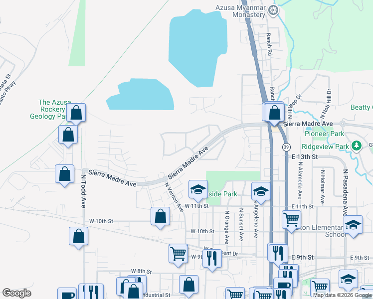 map of restaurants, bars, coffee shops, grocery stores, and more near 724 West Lori Ann Avenue in Azusa
