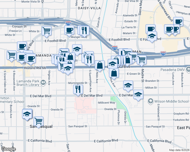 map of restaurants, bars, coffee shops, grocery stores, and more near 88 El Nido Avenue in Pasadena