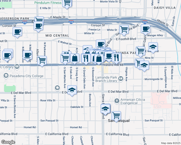 map of restaurants, bars, coffee shops, grocery stores, and more near 95 South Roosevelt Avenue in Pasadena