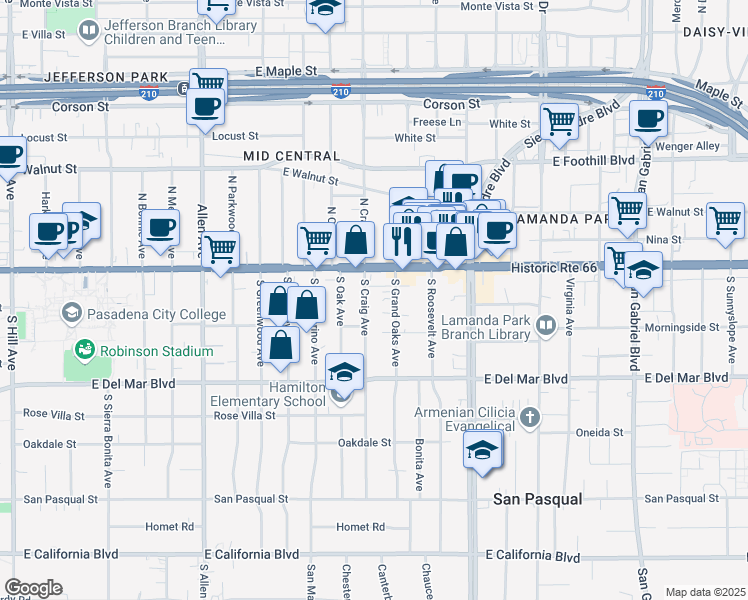 map of restaurants, bars, coffee shops, grocery stores, and more near 84 South Craig Avenue in Pasadena