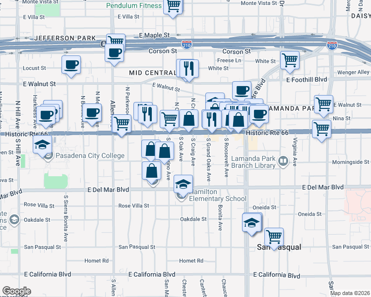 map of restaurants, bars, coffee shops, grocery stores, and more near 86 South Oak Avenue in Pasadena