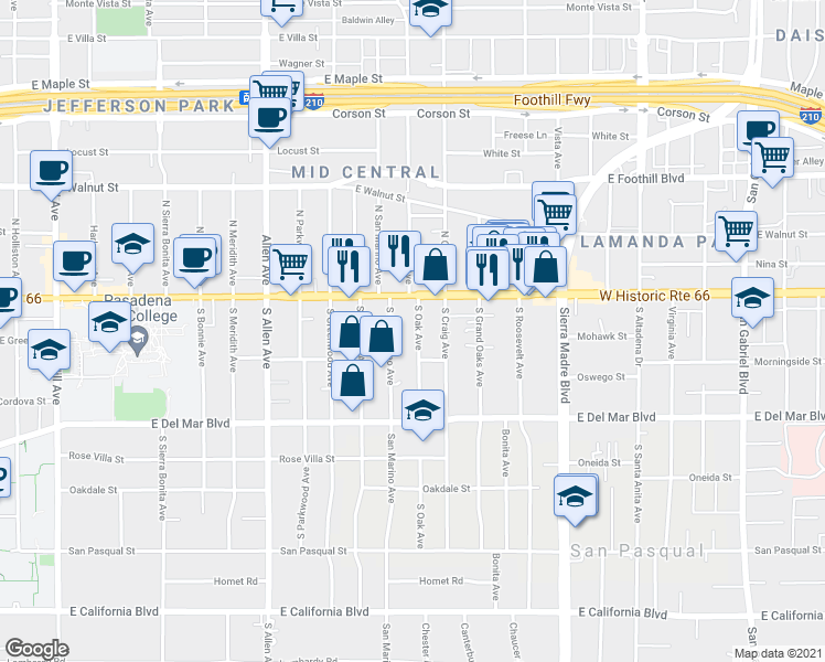 map of restaurants, bars, coffee shops, grocery stores, and more near 86 South Oak Avenue in Pasadena
