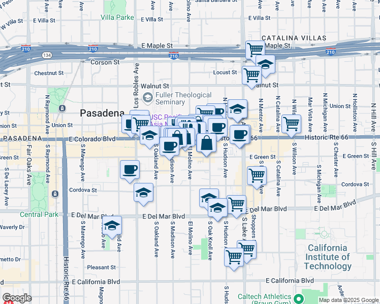 map of restaurants, bars, coffee shops, grocery stores, and more near 656 East Green Street in Pasadena