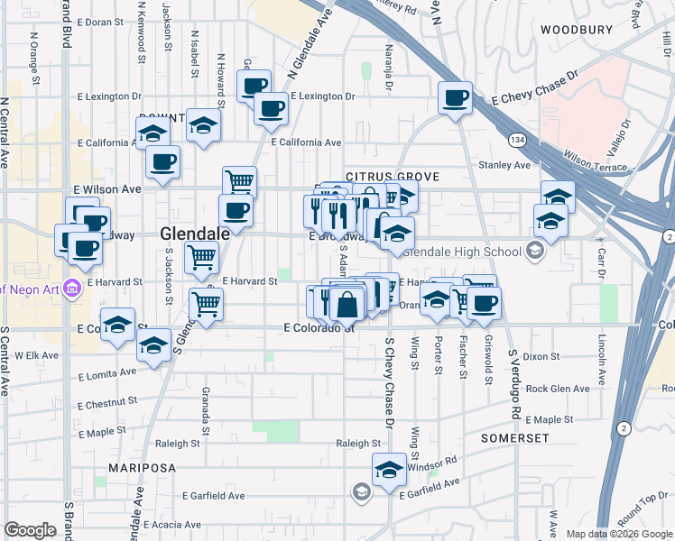 map of restaurants, bars, coffee shops, grocery stores, and more near 1021 East Harvard Street in Glendale